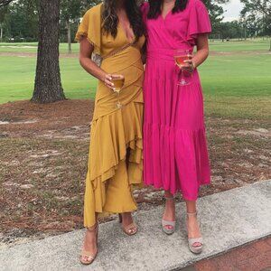 ASOS Golden Yellow Wrap Tiered Open Back Midi Dress - Size Small